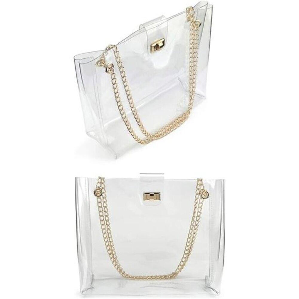 Multifuntional Chain Tote Bag Medium Transparent Shoulder Handbag with Turn-Lock